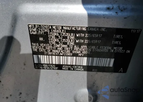 2018 Toyota Rav4 Le z USA, uszkodzony, nr VIN 2T3BFREV7JW723969